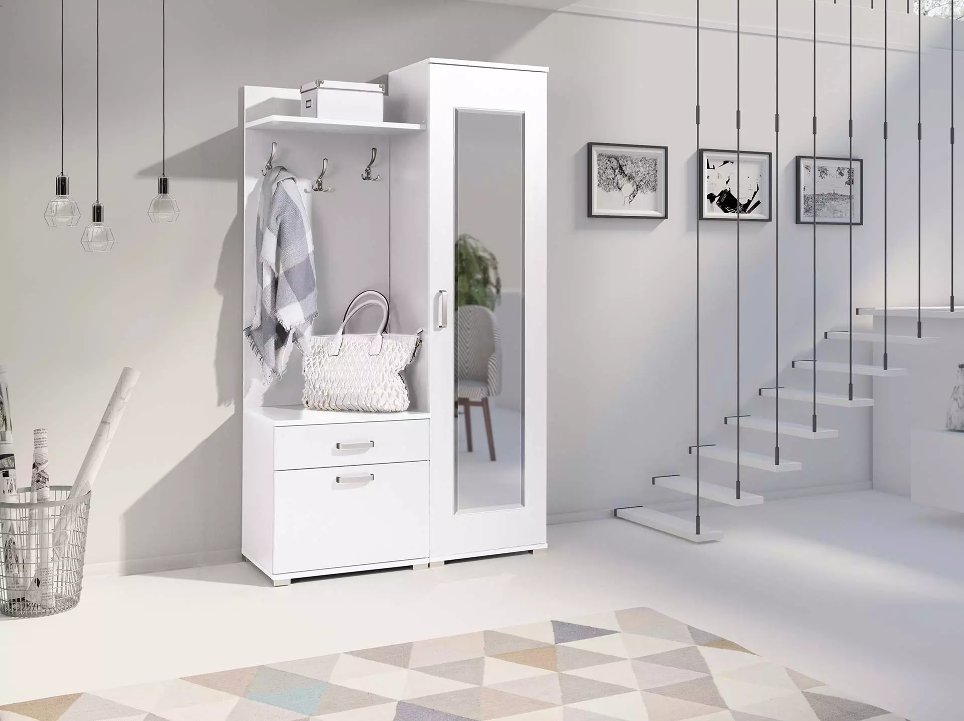 Белата влезна сала (76 фотографии): избор на мебел во коридорот во бело. Дизајн на ходникот во црно-бели и други комбинации во станот 9264_8