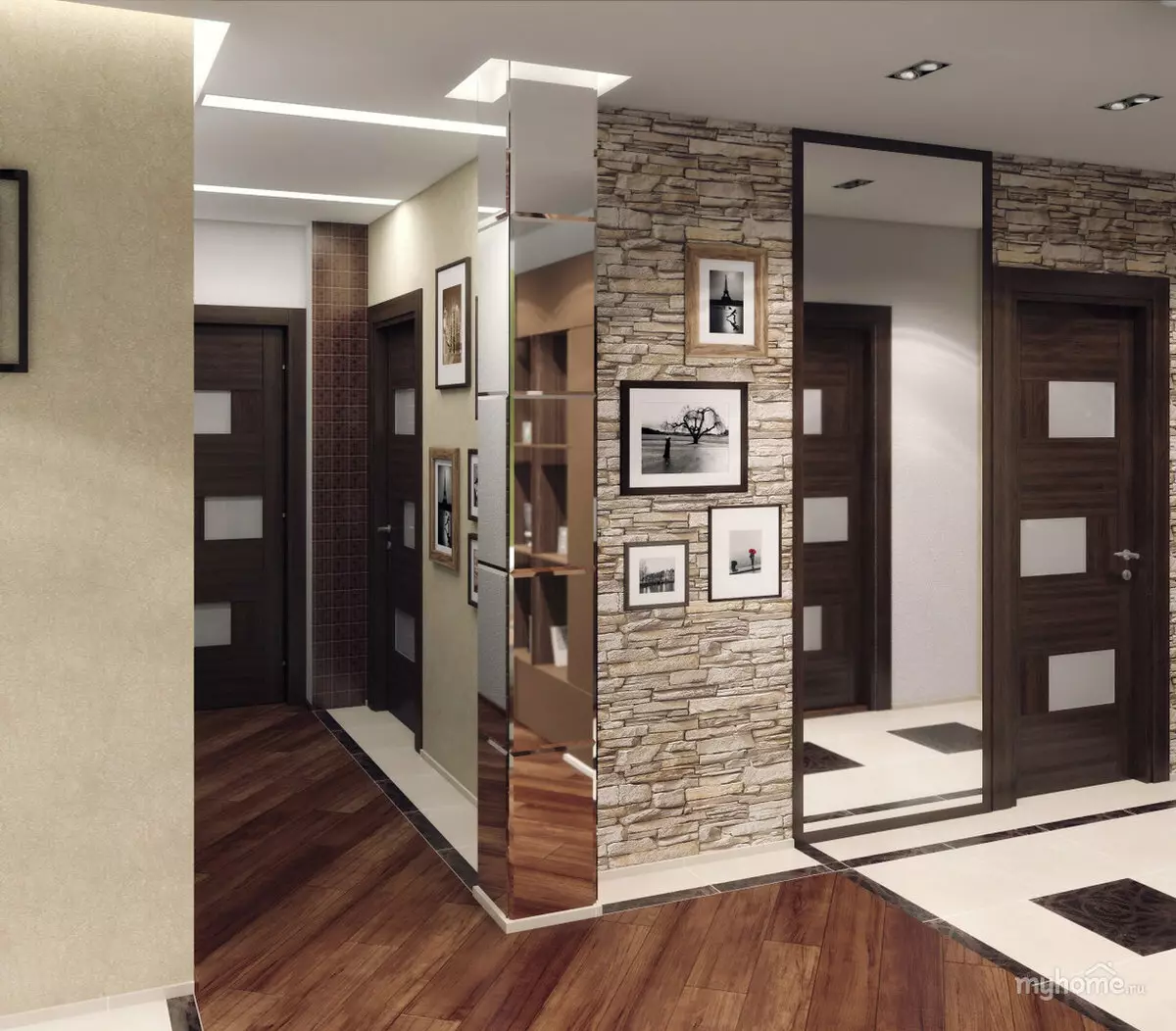 Hallway besar (55 foto): Pilihan desain ukuran besar di apartemen, ide-ide menarik untuk merancang interior kamar yang luas 9266_9