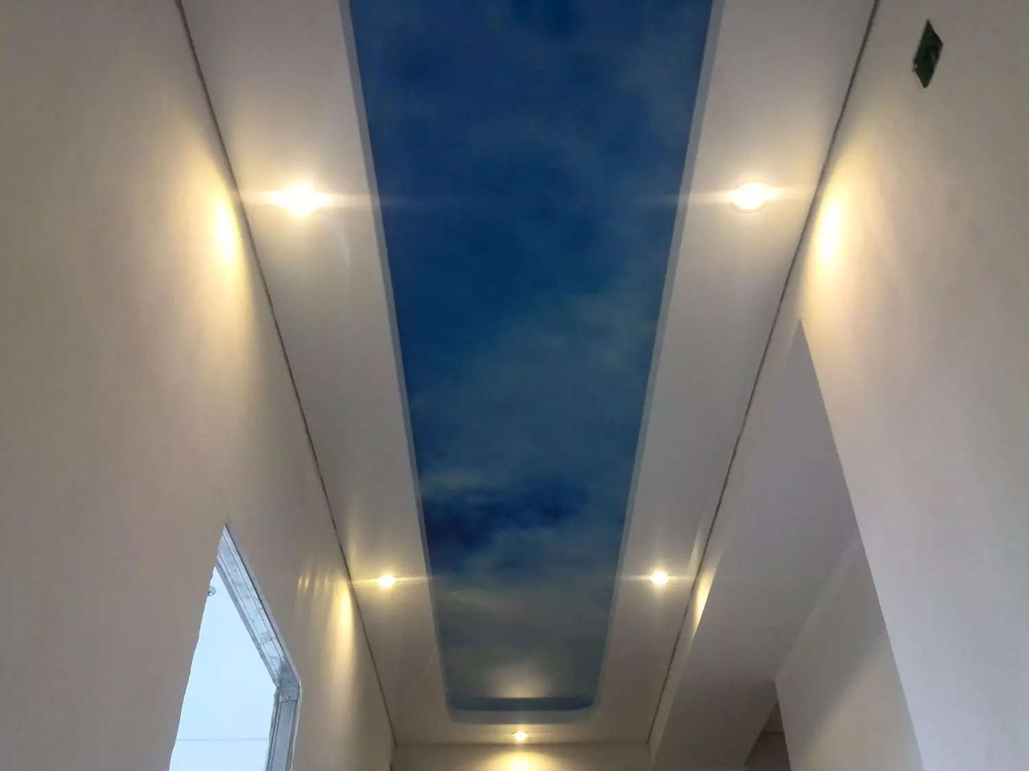 廊下（71枚写真）の伸縮天井：狭くて長い廊下の天井のデザイン、ポイントライトのオプション、アパート、黒、光沢のある種の2段階のデザイン 9270_40