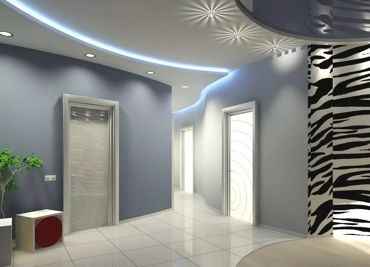 Plafond étirement dans le couloir (71 photos): conception de plafond dans un couloir étroit et long, options avec des lumières pointues et des dessins de deux niveaux dans l'appartement, des espèces noires et brillantes 9270_62