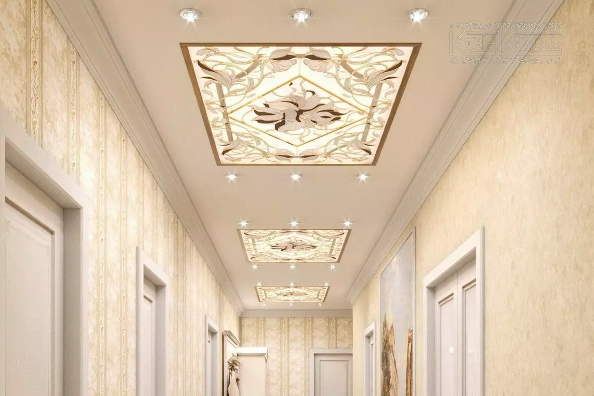 Stretch plafon u hodniku (71 fotografije): stropni dizajn u užem i dugom hodniku, opcije sa tačke svjetla i dva nivoa u apartmanu, crnu i sjajnu vrstu 9270_63
