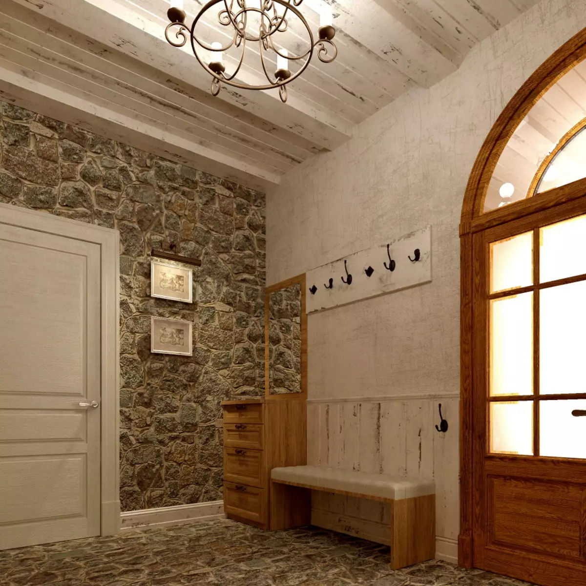Hall dalam gaya Provence (74 foto): Interior koridor putih dan warna lainnya, desain lemari pakaian dan furnitur lain dalam gaya Provence 9279_11
