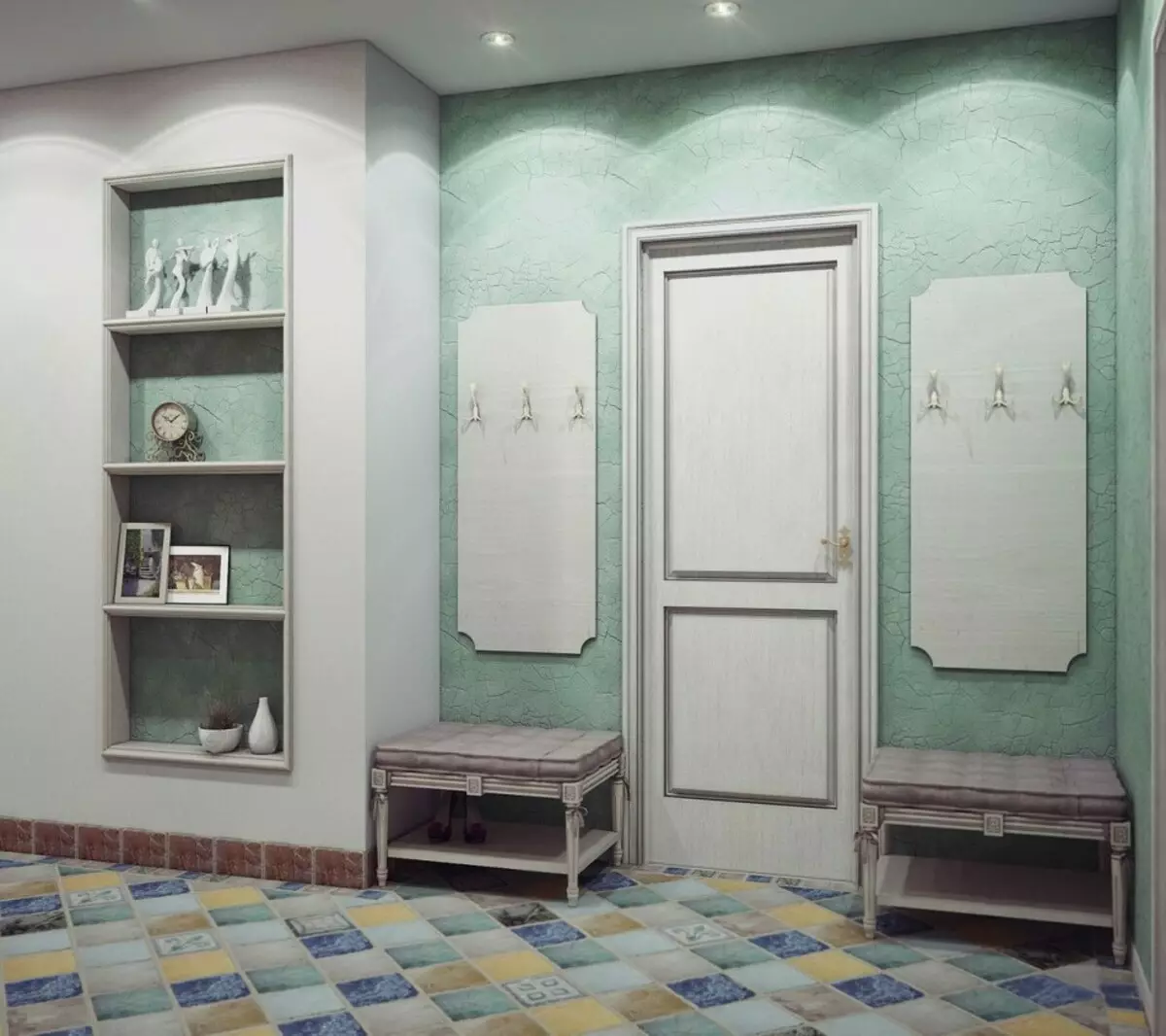 Hall dalam gaya Provence (74 foto): Interior koridor putih dan warna lainnya, desain lemari pakaian dan furnitur lain dalam gaya Provence 9279_14