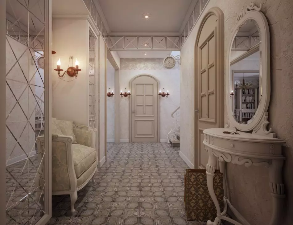 Сала во стилот на Прованса (74 фотографии): внатрешноста на коридорот во бели и други бои, дизајнот на гардеробите и другиот мебел во стилот на Прованса 9279_16