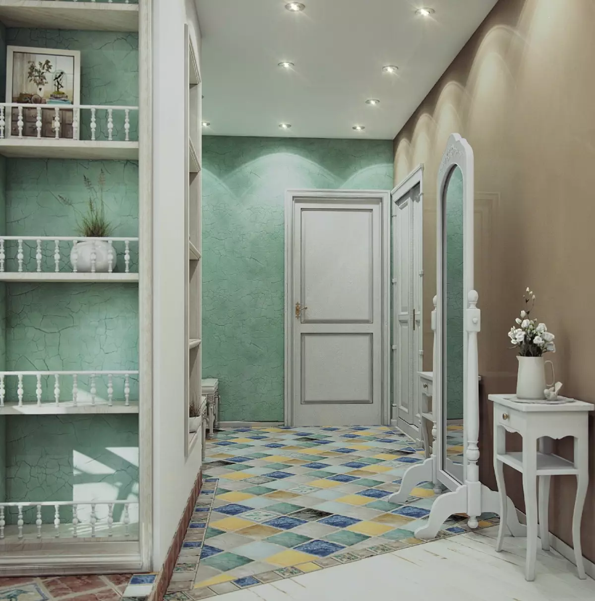 Salla në stilin e Provence (74 foto): Brendësia e korridorit në ngjyra të bardha dhe të tjera, dizajnin e garderobes dhe mobilje të tjera në stilin e Provence 9279_20