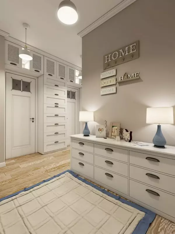 Сала во стилот на Прованса (74 фотографии): внатрешноста на коридорот во бели и други бои, дизајнот на гардеробите и другиот мебел во стилот на Прованса 9279_33