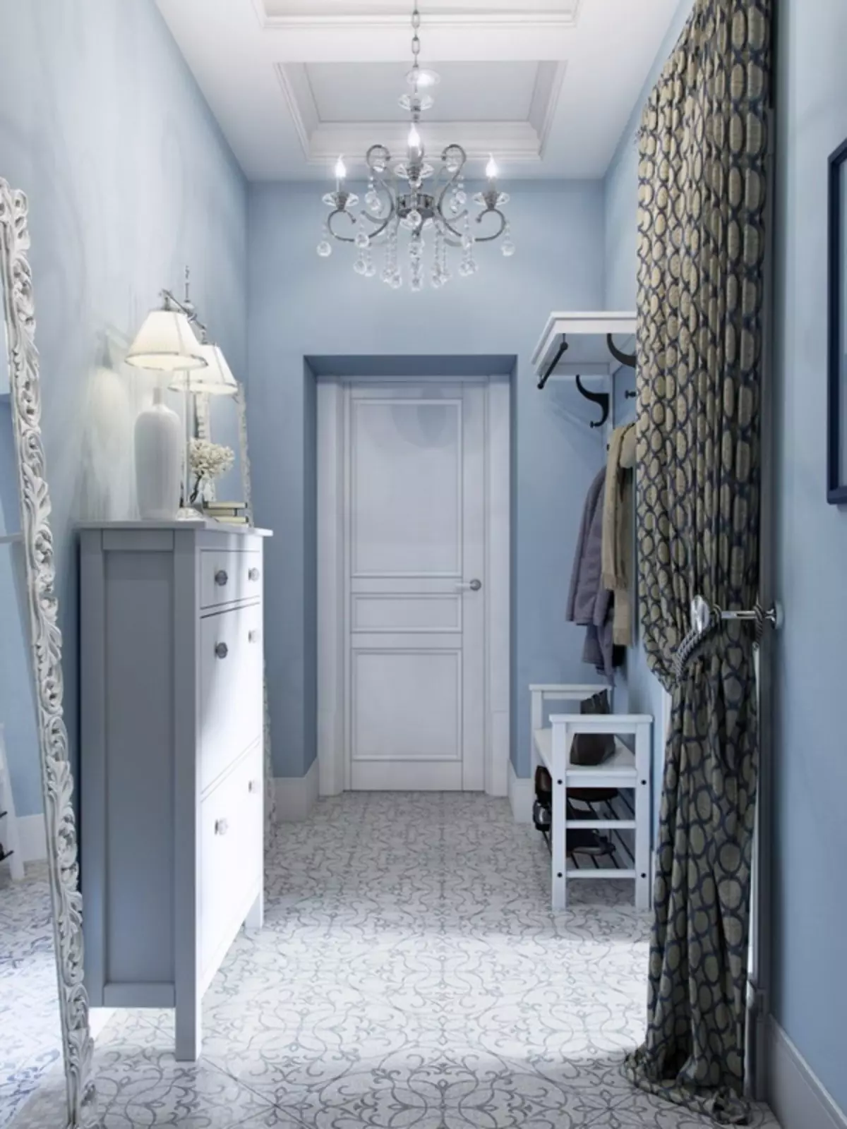 Hall dalam gaya Provence (74 foto): Interior koridor putih dan warna lainnya, desain lemari pakaian dan furnitur lain dalam gaya Provence 9279_46