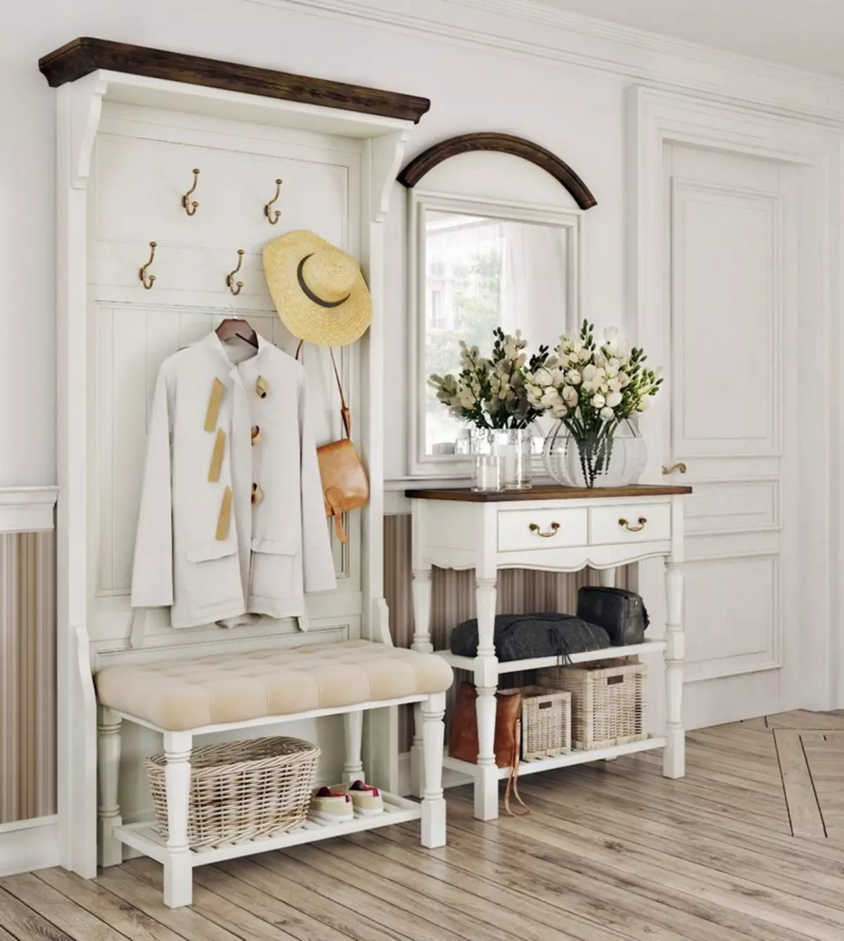 Hall dalam gaya Provence (74 foto): Interior koridor putih dan warna lainnya, desain lemari pakaian dan furnitur lain dalam gaya Provence 9279_59