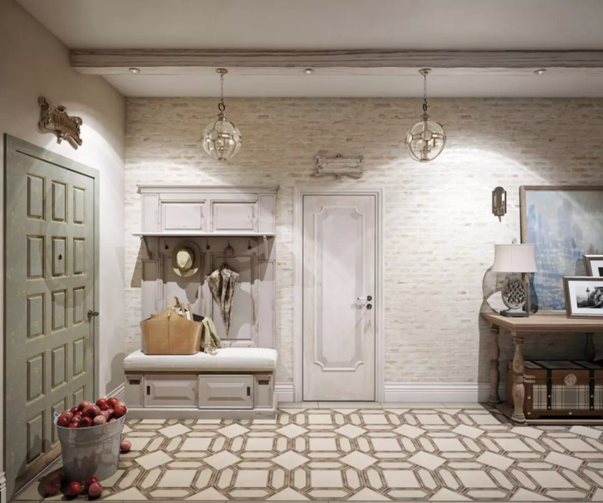 Hall dalam gaya Provence (74 foto): Interior koridor putih dan warna lainnya, desain lemari pakaian dan furnitur lain dalam gaya Provence 9279_69