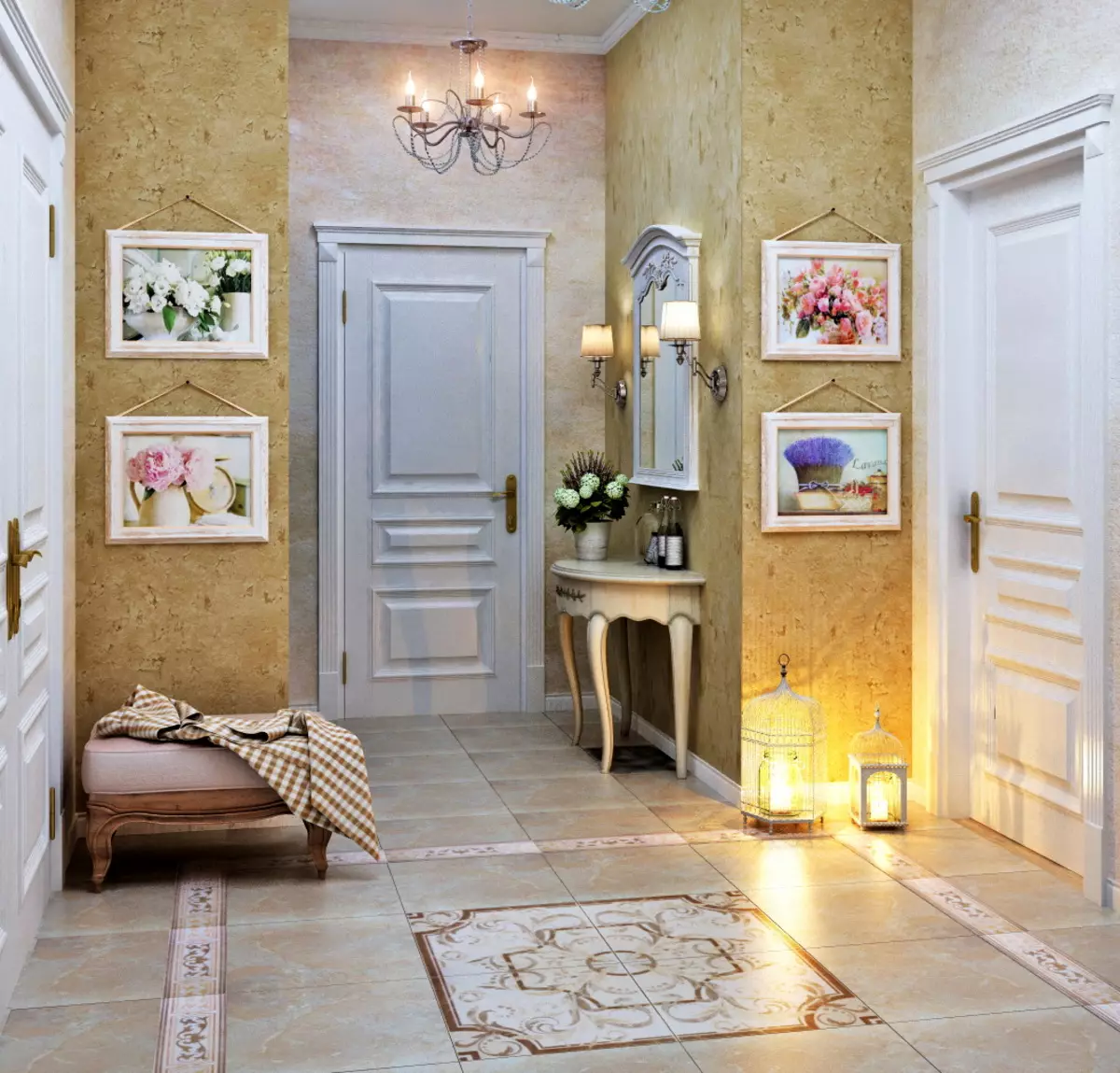 Salla në stilin e Provence (74 foto): Brendësia e korridorit në ngjyra të bardha dhe të tjera, dizajnin e garderobes dhe mobilje të tjera në stilin e Provence 9279_8