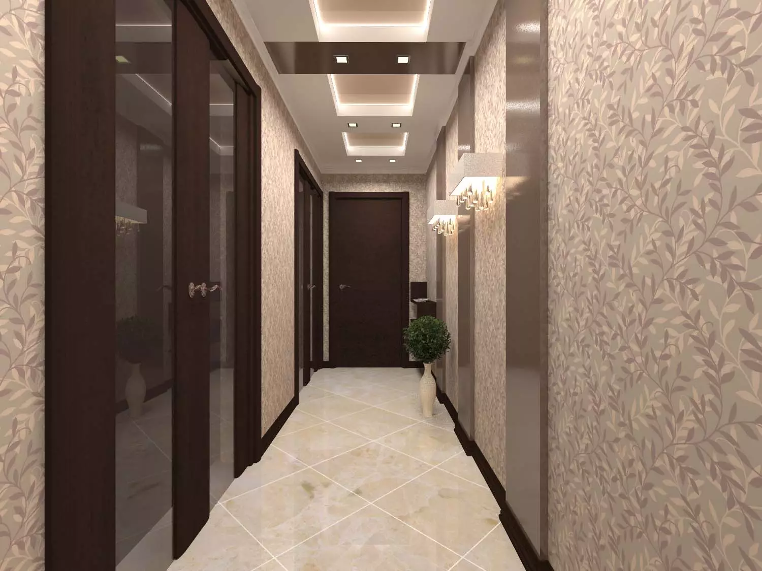 Kertas dinding. Memperluas Ruang, dalam koridor sempit (49 foto): Apa kertas dinding untuk memilih untuk lorong yang panjang dan gelap di apartmen? Apa warna yang lebih baik? 9283_12