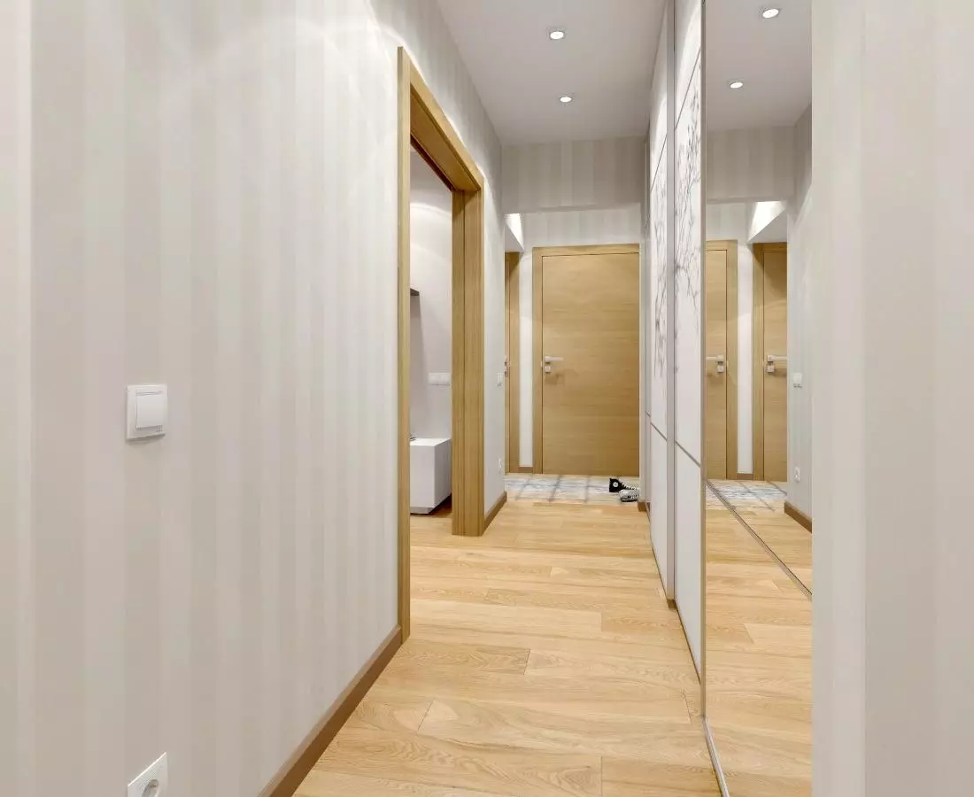 Позадина. Проширивање простора, у ужем коридору (49 фотографија): Шта позадина за одабир дугачке и тамне ходнике у стану? Које је боје боље? 9283_18