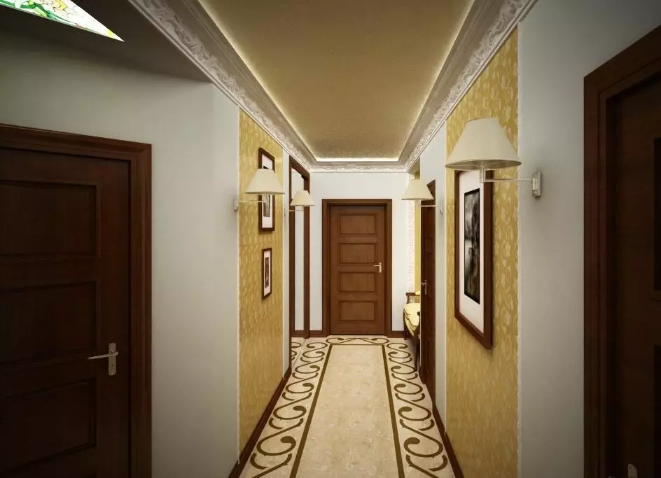 Tapet. Extinderea spațiului, într-un coridor îngust (49 de fotografii): Ce tapet pentru a alege pentru un hol lung și întunecat în apartament? Ce culoare este mai bună? 9283_19