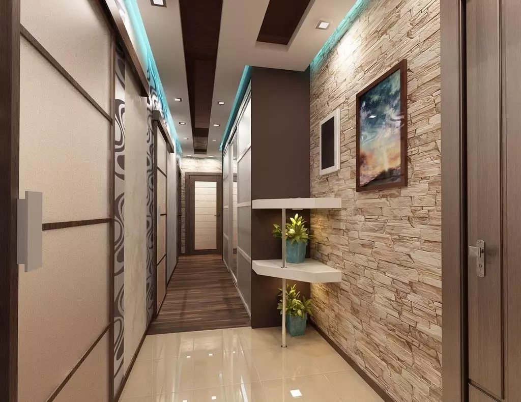 Kertas dinding. Memperluas Ruang, dalam koridor sempit (49 foto): Apa kertas dinding untuk memilih untuk lorong yang panjang dan gelap di apartmen? Apa warna yang lebih baik? 9283_21