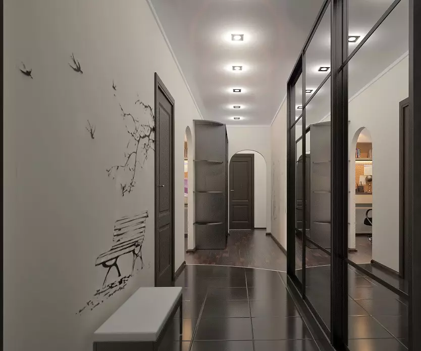 Kertas dinding. Memperluas Ruang, dalam koridor sempit (49 foto): Apa kertas dinding untuk memilih untuk lorong yang panjang dan gelap di apartmen? Apa warna yang lebih baik? 9283_34