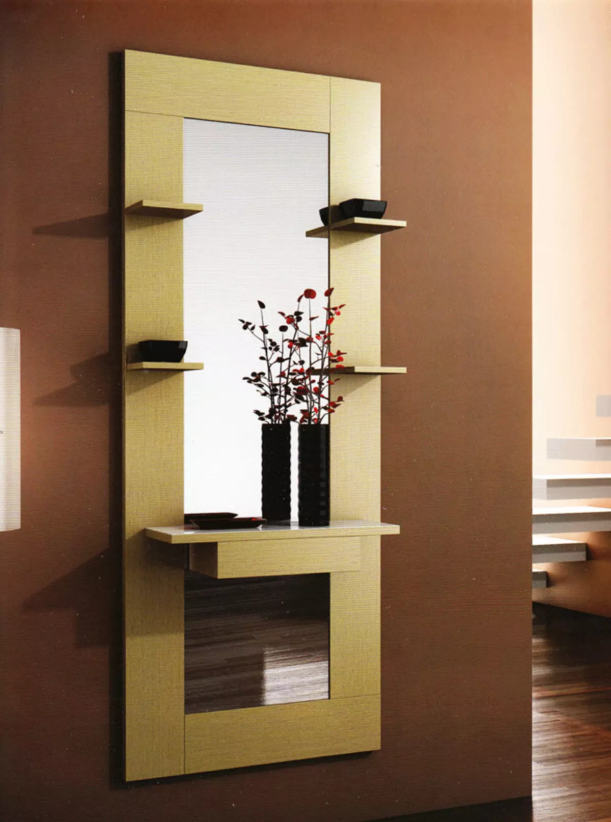 Cermin dengan rak di lorong: dinding dan lantai cermin. Bagaimana cara memilih cermin yang dipasang atau lainnya dengan rak? 9300_12