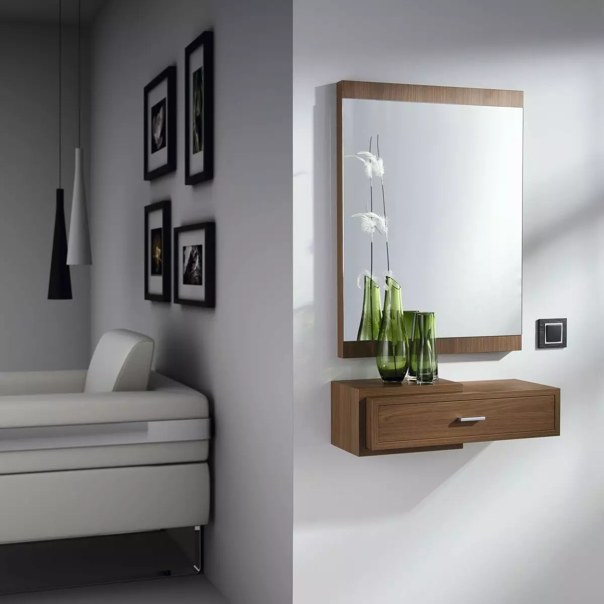 Cermin dengan rak di lorong: dinding dan cermin lantai. Bagaimana untuk memilih yang dipasang atau cermin lain dengan rak? 9300_16