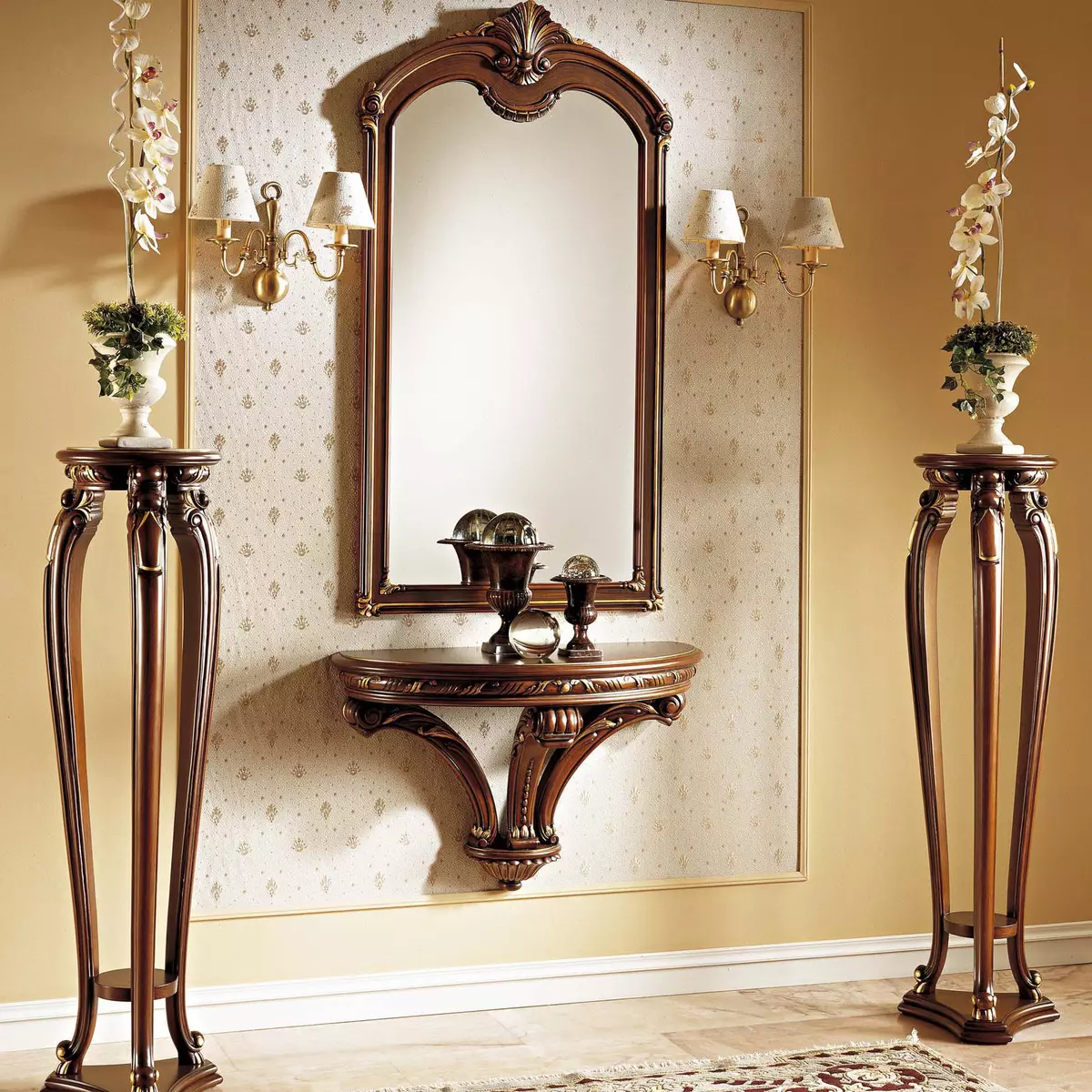 Cermin dengan rak di lorong: dinding dan lantai cermin. Bagaimana cara memilih cermin yang dipasang atau lainnya dengan rak? 9300_22