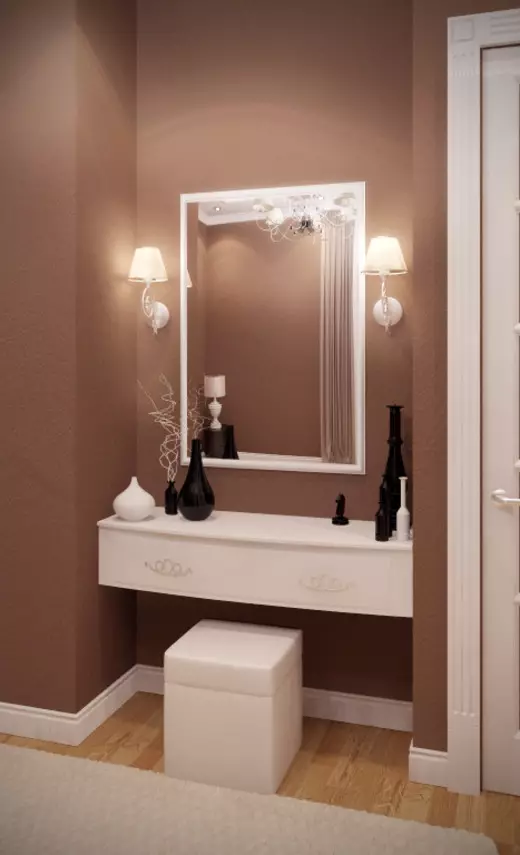 Cermin dengan rak di lorong: dinding dan lantai cermin. Bagaimana cara memilih cermin yang dipasang atau lainnya dengan rak? 9300_42