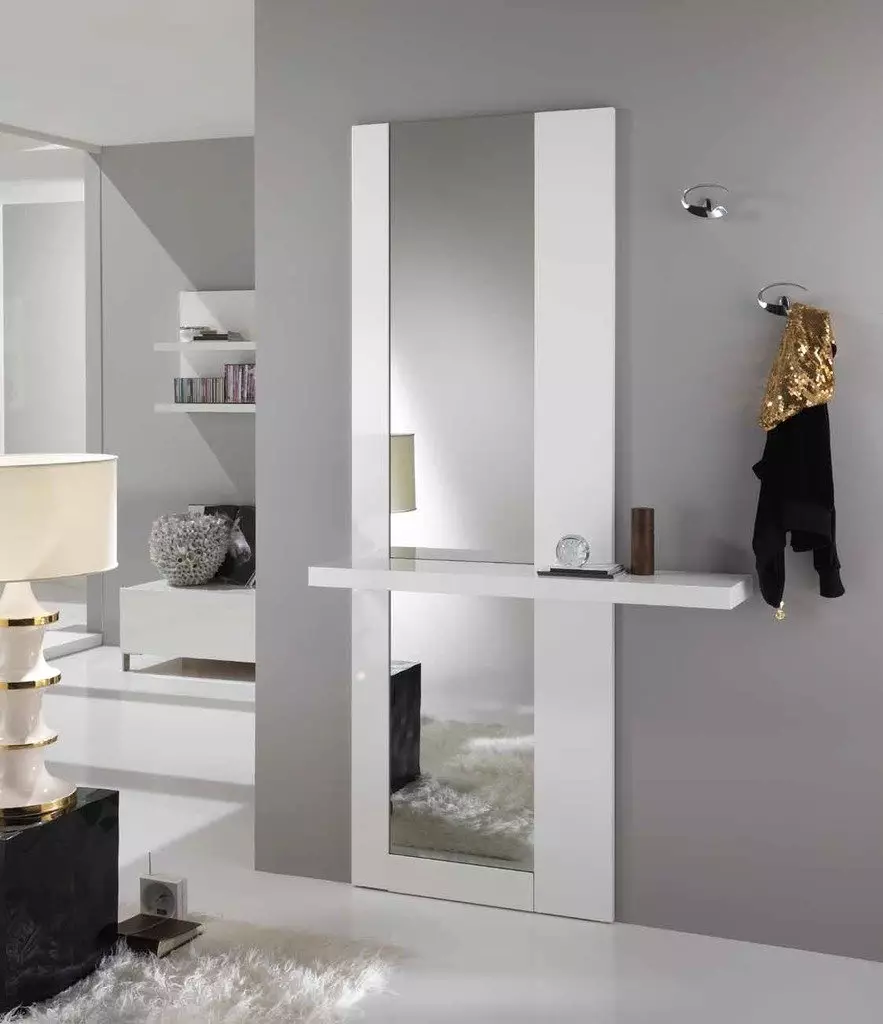 Cermin dengan rak di lorong: dinding dan cermin lantai. Bagaimana untuk memilih yang dipasang atau cermin lain dengan rak? 9300_45