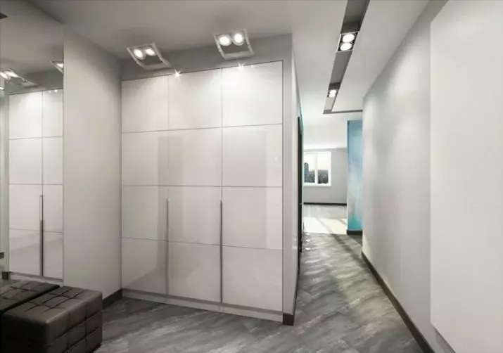 Gelongsor almari pakaian di lorong (108 foto): Idea reka bentuk terbaik kabinet radius putih, almari besar bergaya dengan pusingan di lorong panjang, kabinet klasik dengan mezzanine dan pilihan lain 9317_88