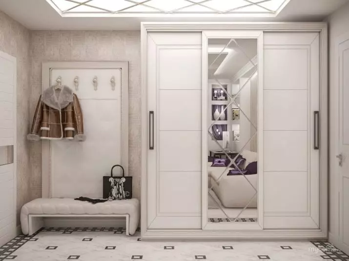 Gelongsor almari pakaian di lorong (108 foto): Idea reka bentuk terbaik kabinet radius putih, almari besar bergaya dengan pusingan di lorong panjang, kabinet klasik dengan mezzanine dan pilihan lain 9317_94