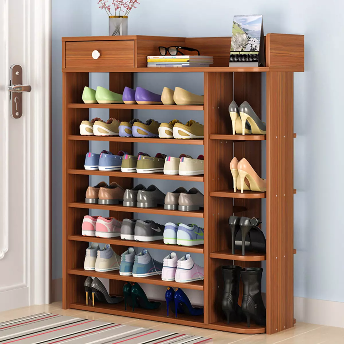 Postrojenie do butów na korytarzu: drewniane buty z siedzeniem oraz wąski metalowy stojak, inne modele i zalecenia dotyczące wyboru 9329_27