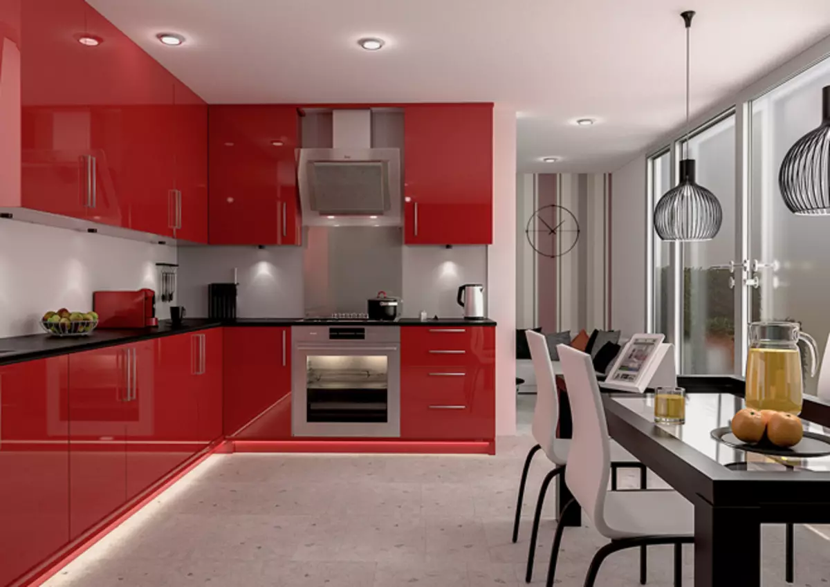 Полненькие кухни. Черно-красная кухня в интерьере. Красный кухонный гарнитур в интерьере. Красные кухни. Кухни цветовые решения.