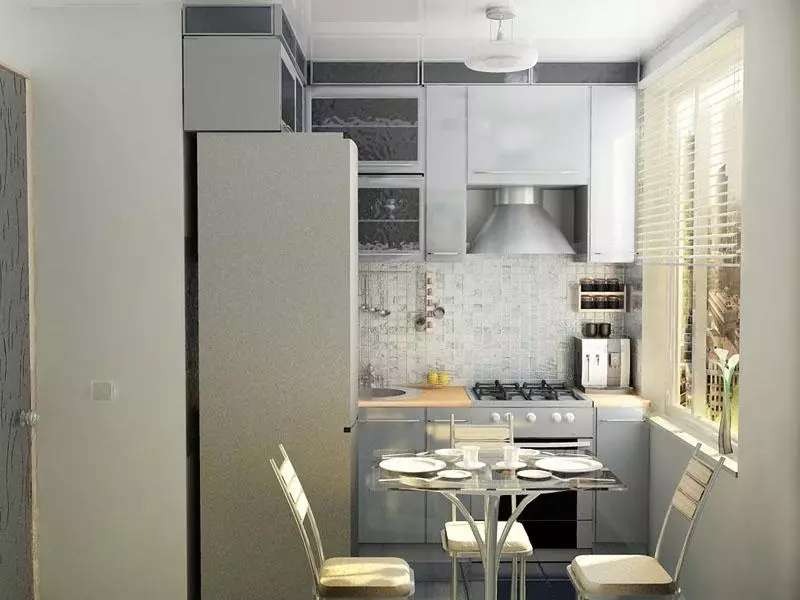 Кухиња у Хрусхцхеву са фрижидером (53 фотографије): Дизајн малих кухиња од 4 квадратних метара. Мераче, кухињски распоред са веш машином, пећ на плин и фрижидер 9345_19