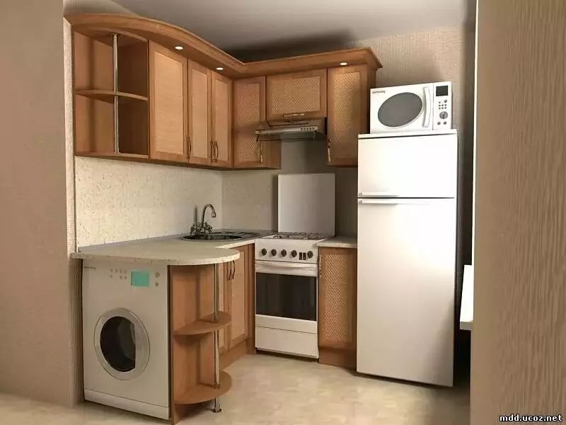 Кухиња у Хрусхцхеву са фрижидером (53 фотографије): Дизајн малих кухиња од 4 квадратних метара. Мераче, кухињски распоред са веш машином, пећ на плин и фрижидер 9345_39
