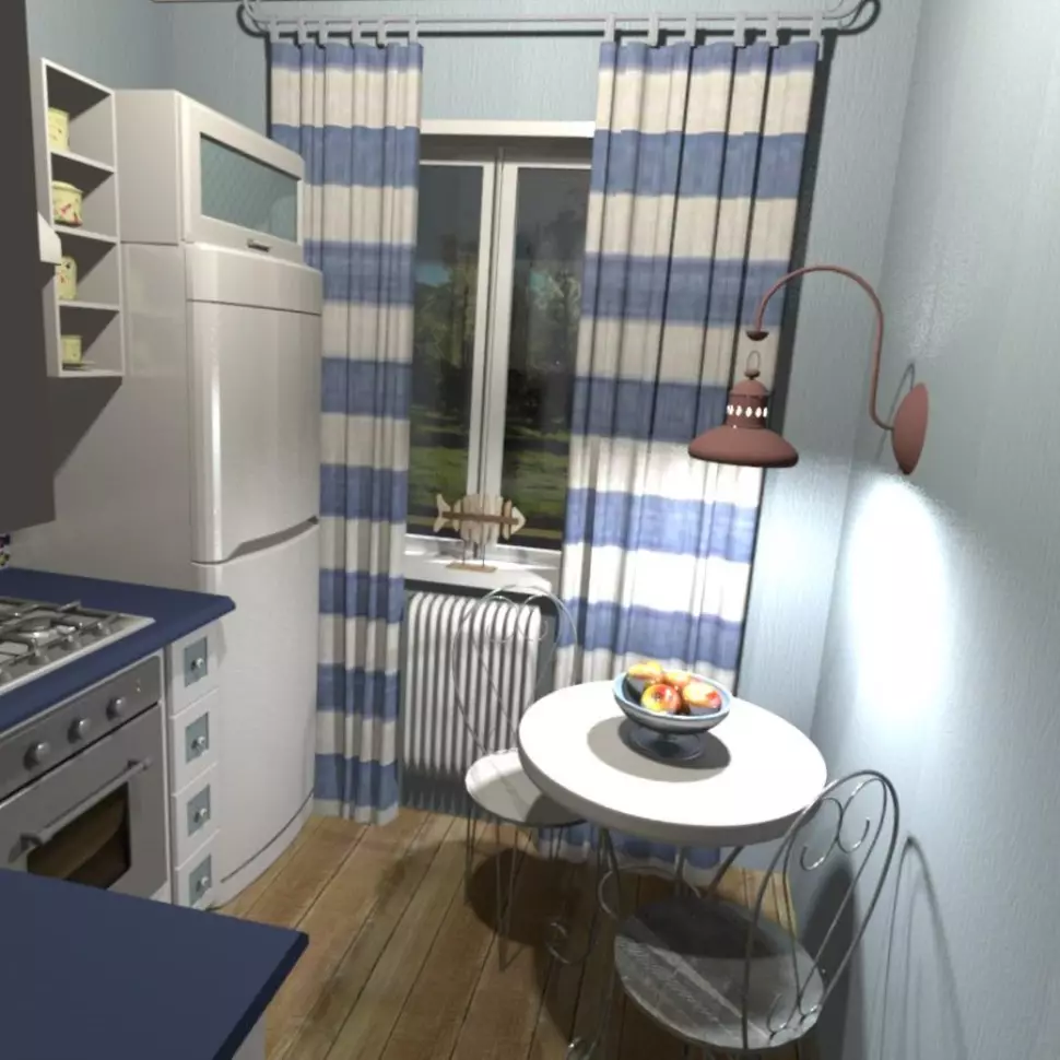 Кухиња у Хрусхцхеву са фрижидером (53 фотографије): Дизајн малих кухиња од 4 квадратних метара. Мераче, кухињски распоред са веш машином, пећ на плин и фрижидер 9345_6