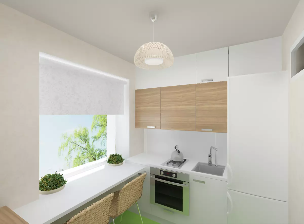 Кухиња у Хрусхцхеву са фрижидером (53 фотографије): Дизајн малих кухиња од 4 квадратних метара. Мераче, кухињски распоред са веш машином, пећ на плин и фрижидер 9345_7