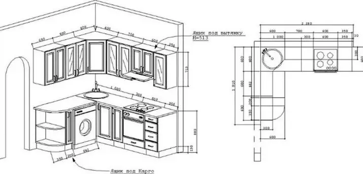 باورچی خانه جي نقشن جي شڪل: باورچی خانه جي نقشن جي معياري ٿلهي ۽ اوچائي. طول و عرض گرڊ جو ٽيبل. باورچی خانه جي فرنيچر جي شڪل جو اندازو ڪيئن ڪجي؟ 9352_12