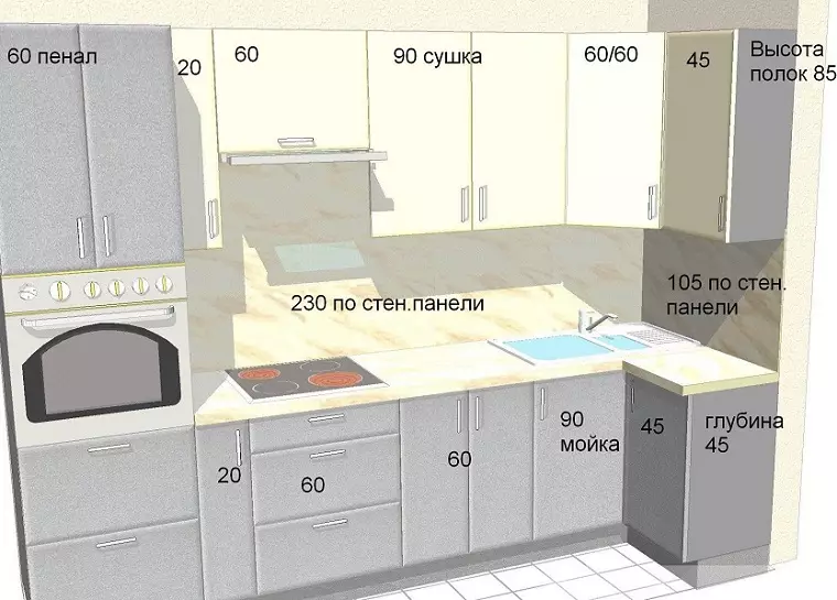 اندازه نما برای آشپزخانه: ضخامت استاندارد و ارتفاع نمای های آشپزخانه. جدول شبکه ابعاد چگونه برای تعیین اندازه نمای مبلمان آشپزخانه؟ 9352_5