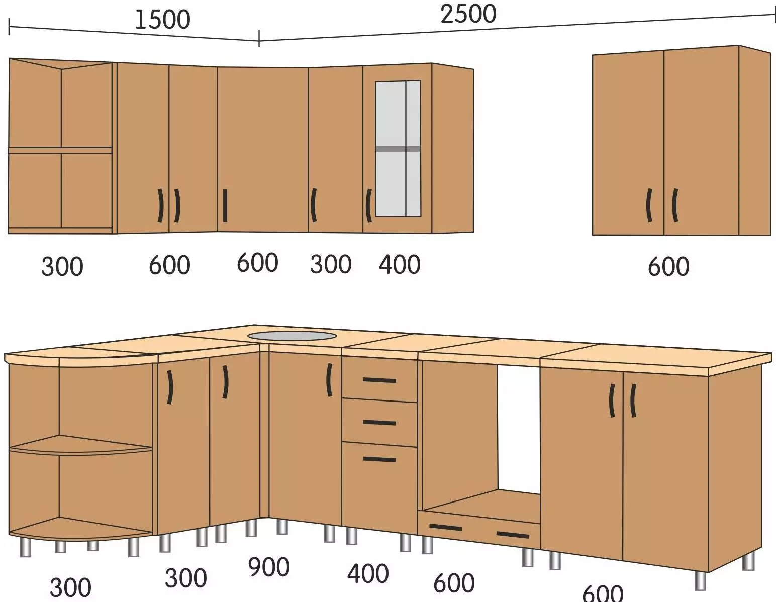 باورچی خانه جي نقشن جي شڪل: باورچی خانه جي نقشن جي معياري ٿلهي ۽ اوچائي. طول و عرض گرڊ جو ٽيبل. باورچی خانه جي فرنيچر جي شڪل جو اندازو ڪيئن ڪجي؟ 9352_6