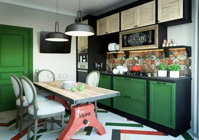 Emerald кухни (35 снимки): цветни характеристики в интериорен дизайн, бели изумрудни кухни и други комбинации 9360_17