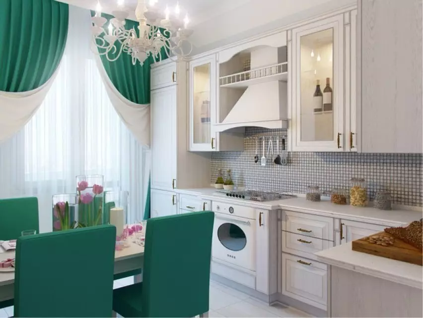 Emerald кухни (35 снимки): цветни характеристики в интериорен дизайн, бели изумрудни кухни и други комбинации 9360_20