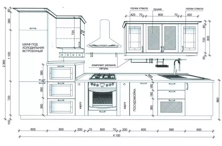 Entegre donanımlı mutfaklar (52 fotoğraf): Dahili fırın ve diğer ev aletleri ile mutfak kafası tasarım ve boyutları 9369_28