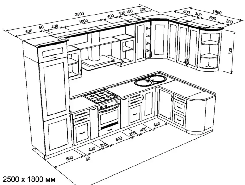 Entegre donanımlı mutfaklar (52 fotoğraf): Dahili fırın ve diğer ev aletleri ile mutfak kafası tasarım ve boyutları 9369_38