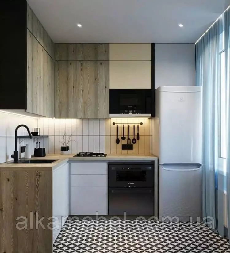 Cabeçantes de canto para pequenas cozinhas 6 metros quadrados. M (42 fotos): Projeto de cozinha pequena com geladeira e mobiliário de cozinha, exemplos de planejamento, design de interiores 9372_14