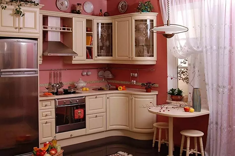 Cabeçantes de canto para pequenas cozinhas 6 metros quadrados. M (42 fotos): Projeto de cozinha pequena com geladeira e mobiliário de cozinha, exemplos de planejamento, design de interiores 9372_16