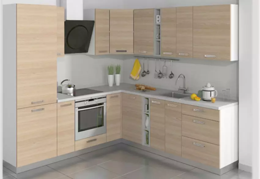 Zestawy kącikowe dla małych kuchni 6 metrów kwadratowych. M (42 zdjęcia): Projektowanie małej kuchni z lodówką i meblami kuchennymi, przykładami planowania, projektowanie wnętrz 9372_31