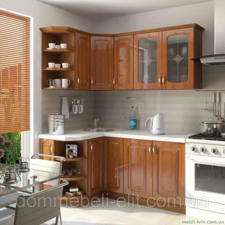 Cabeçantes de canto para pequenas cozinhas 6 metros quadrados. M (42 fotos): Projeto de cozinha pequena com geladeira e mobiliário de cozinha, exemplos de planejamento, design de interiores 9372_9