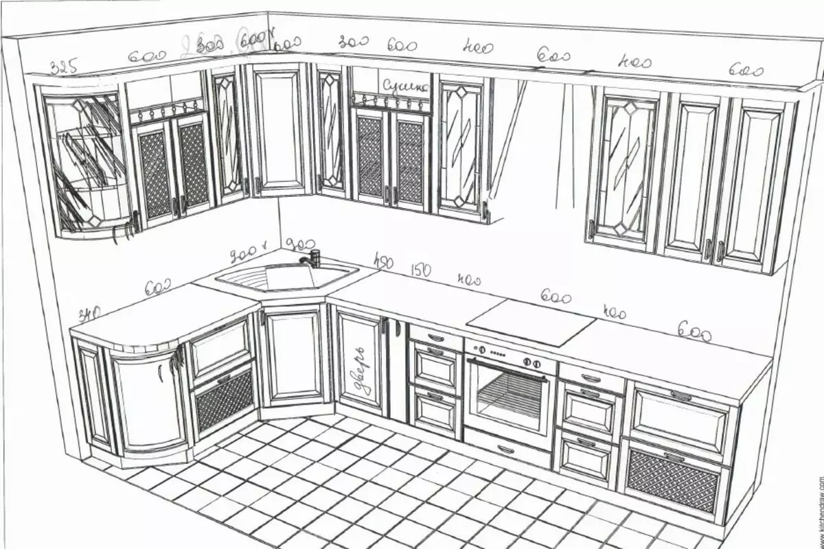 Величина кухињских ормара (41 фотографија): цртежи стандардних ормара за кухињу, стандарде фасада и монтираних ормарића, величине слушалица горњег и доњег ормара, висина фиока 9387_10