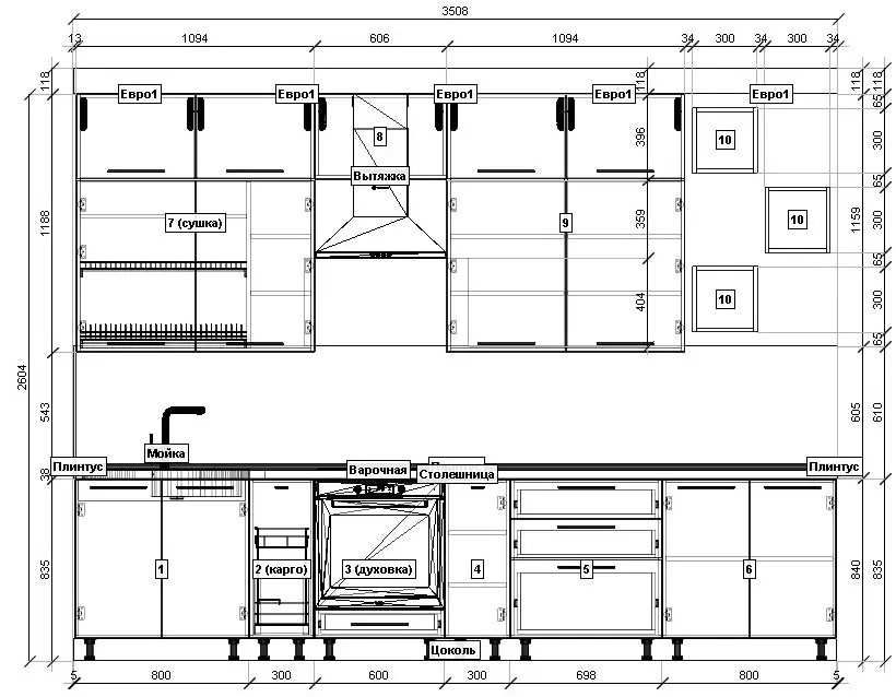 Големина на кујнски елементи (41 фотографии): цртежи на стандардни кабинети за кујна, стандарди на фасади и монтирани гардери, големини на слушалки од горните и долните кабинети, висина на фиоки 9387_12
