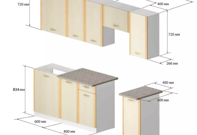 Големина на кујнски елементи (41 фотографии): цртежи на стандардни кабинети за кујна, стандарди на фасади и монтирани гардери, големини на слушалки од горните и долните кабинети, висина на фиоки 9387_19