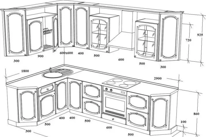 Μέγεθος ντουλάπια κουζίνας (41 φωτογραφίες): Σχέδια τυποποιημένων ντουλαπιών για κουζίνα, πρότυπα προσόψεων και τοποθετημένα θυρίδες, μεγέθη άνω και κατώτερου ακουστικού ντουλαπιών, ύψος συρταριών 9387_21