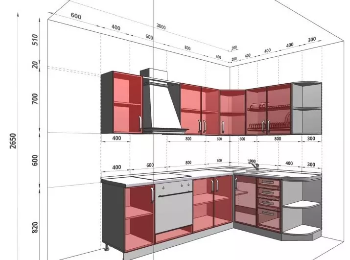 Величина кухињских ормара (41 фотографија): цртежи стандардних ормара за кухињу, стандарде фасада и монтираних ормарића, величине слушалица горњег и доњег ормара, висина фиока 9387_22