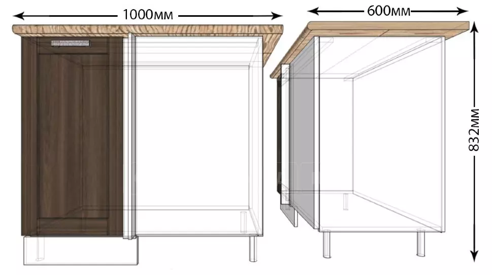 Величина кухињских ормара (41 фотографија): цртежи стандардних ормара за кухињу, стандарде фасада и монтираних ормарића, величине слушалица горњег и доњег ормара, висина фиока 9387_25