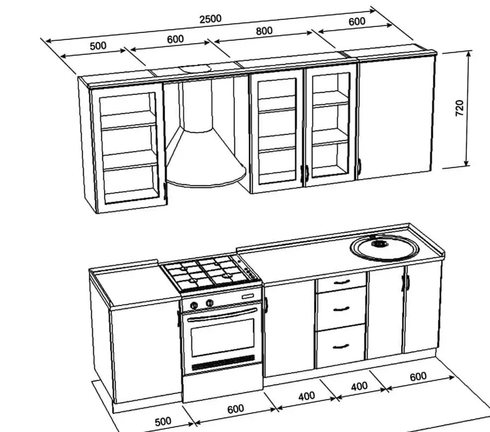 Ukuran lemari dapur (41 foto): gambar lemari standar untuk dapur, standar fasad dan loker yang dipasang, ukuran headset lemari atas dan bawah, ketinggian laci 9387_41